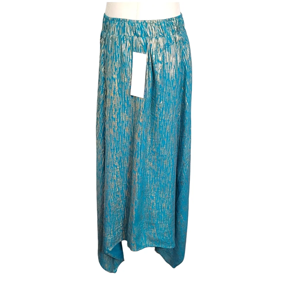 Nanette Lepore Teal Gold Metallic Midi Skirt Asymmetrical Festival Boho M NWT